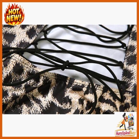 Leopard Print Bodycon Dress Spaghetti Straps Lace Up Sexy Nightclub Party Wear - Picture 7 of 7